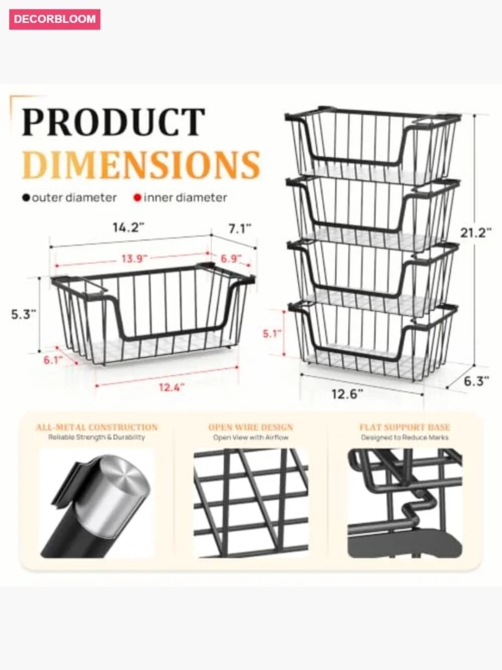4 Stackable Wire Storage Baskets for Pantry & Kitchen Organization
